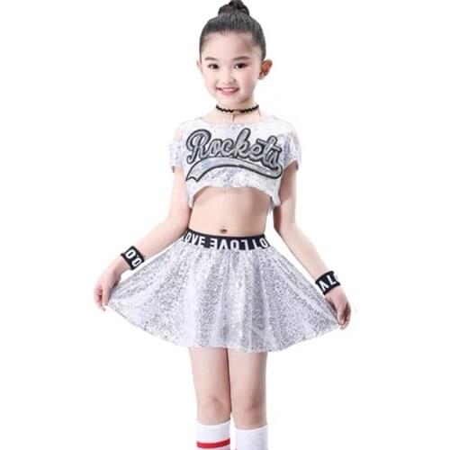 Kids Jazz Dance Costume Hiphop Dresses for Girls Stage Performance Cheerleader Costumes Holographic Sequin Top+Skirt Set
