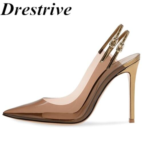 Drestrive Big Size Customize Women Pumps PVC Pointed Toe Buckle 2021 Summer New Arrival Thin High Heel Shoes Woman Brown