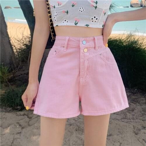Summer Denim Jeans Shorts Women Korean High Waist Two Buttons Slim Wide Leg Short Pants Candy Color Denim Jeans Loose