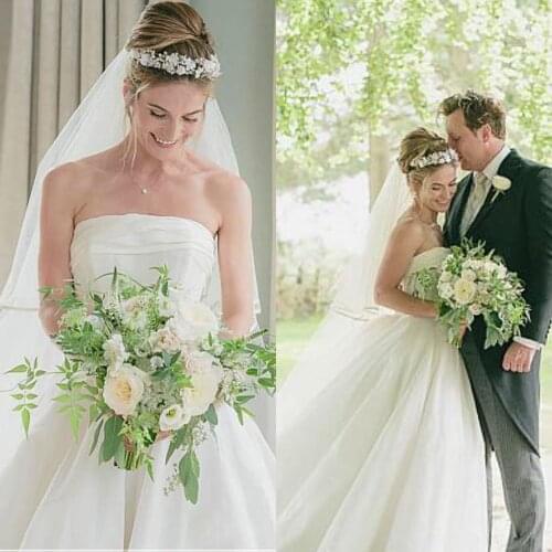 Elegant Taffeta & Organza Strapless Neckline A-line Wedding Dresses Lace up Floor Length Vestidos De Noiva Bridal Gowns