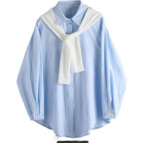 Cotton 100% Fake 2 Pieces Women Shirts Autumn New Design 2021 Solid Long-Sleeved Loose Elegant Office Lady Outwear Tops