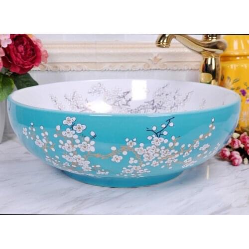 China Painting Plum Blossom Ceramic wash basin countertop small bathroom sink