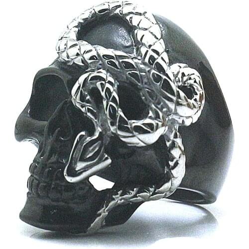 Vintage Mens Stainless Steel Ring Gothic Punk Horror Snake Skull Ring Cool Mens Rock Biker Jewelry Gift
