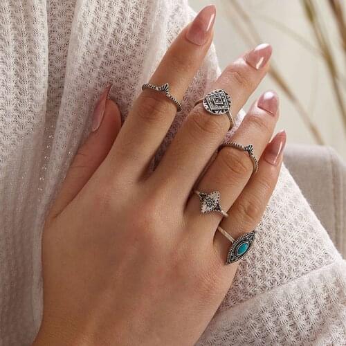 HuaTang Vintage Blue Oval Opal Finger Rings for Women Geometric Antique Silver Color Crystal Knuckle Ring Female Jewelry Anillos