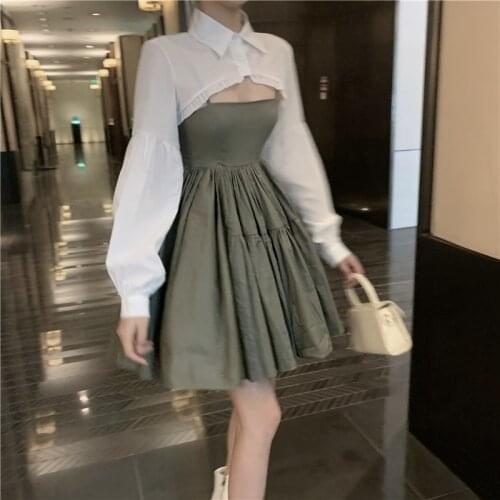 2 Piece Set Korean Summer Fashion Outfit Sexy Green Princess Sleeveless Sling Dress+Kawaii Lantern Sleeve Sunscreen Shawl Shirts