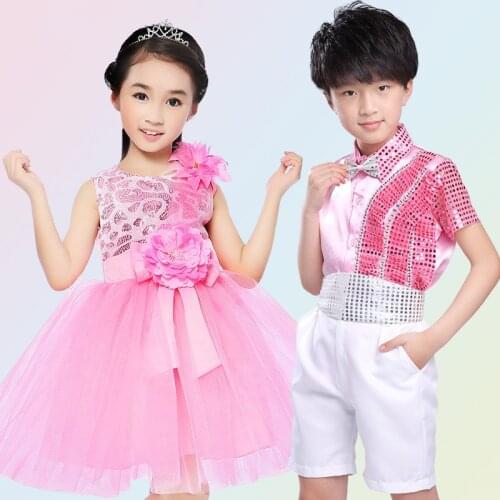 Boys suit modern jazz dance Stage performance clothing girl children sequin stage costume perform costumes Puff skirt