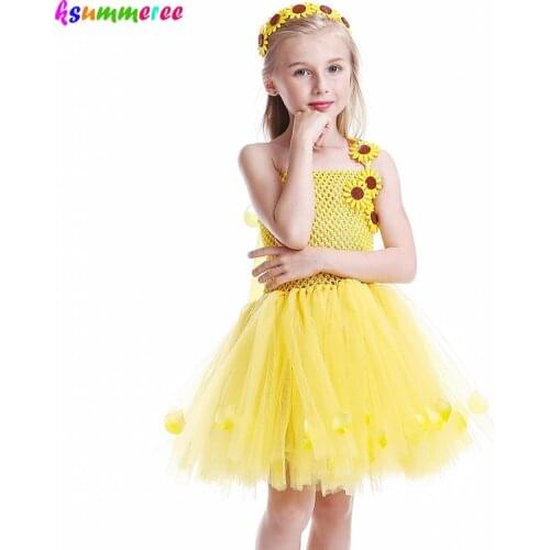 Baby Girls Sunflowers Summer Tutu Dress with Hair Hoop Kids Princess Floral Tulle Costume Children Birthday Gift Holiday Robe