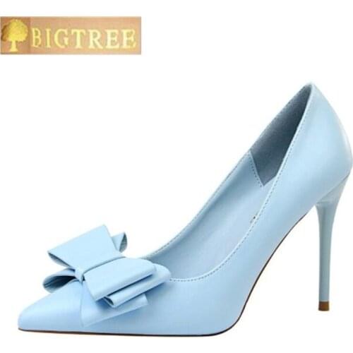 New Fashion Delicate Sweet Bowknot High Heel Shoes PU 10CM Thin Heels Side Hollow Pointed Women Pumps