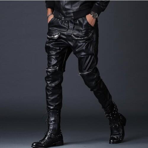 Autumn and zipper personality leather pants mens feet pants mens fashion motorcycle leather pants mens long pants M--2XL