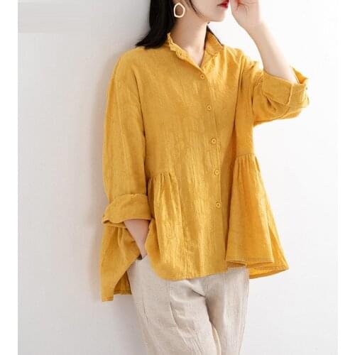 All-Matched Casual Blouses Plus Size Spring Korea Fashion Women Long Sleeve Loose Yellow Shirts 100% Cotton Blusas Mujer