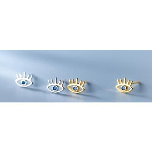 Cute 6mm*5mm REAL. 925 Sterling Silver Jewelry Blue CZ Eye eyelash ear Stud Earrings C-G9375