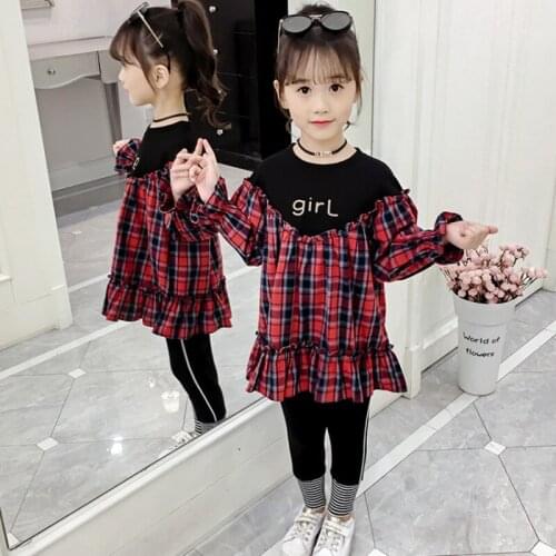 Girl spring and autumn sports suit Girls Plaid Dress Pants Two Piece Set Girl western style red suit Girl fashion suit