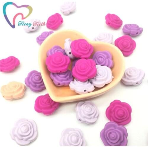 Teeny Teeth 10 PCS Lilac & Fucshai Silicone Double Face Rose Flower Beads,Silicone Teething Beads Rose Flower Beads BPA Free