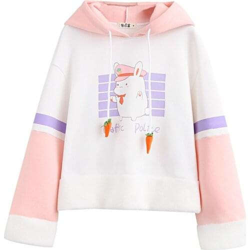 Cartoon Print Bunny Hoody Sweatshirt Women Thick Warm Kawaii Sweatshirts with rabbit ears on hood Sweet Pullovers