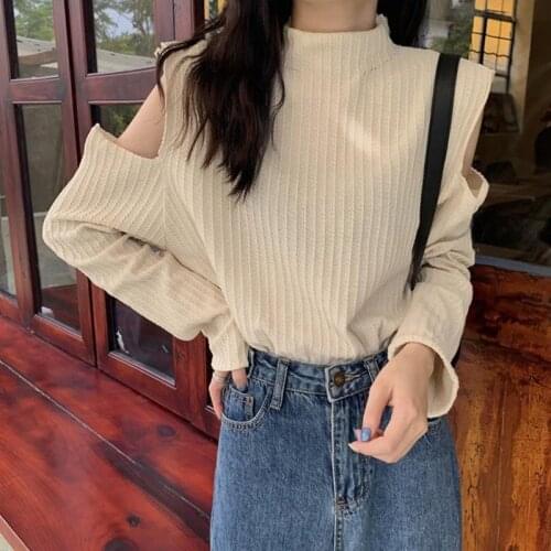 Open Shoulder thin bottomed Long Sleeve Top Loose Design Thin Tops Off-shoulder Thin Bottoming Long-sleeved Top