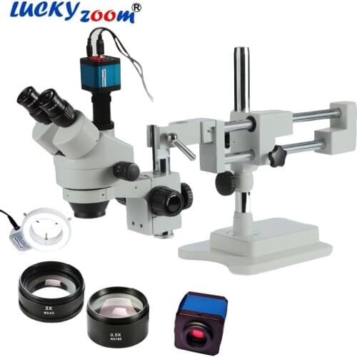 Luckyzoom 3.5X-90X Simul-Focal Double Boom Stand Stereo Trinocular Microscope 14MP HDMI Camera 144pcs Led Microscope Accessories