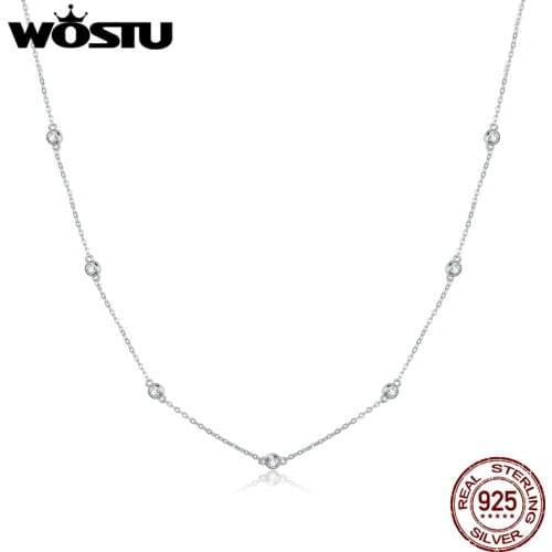WOSTU Genuine 925 Sterling Silver Bright Zircon Simple Necklace Long Chain Link For Women Wedding Exquisite Jewelry Gift BKN393