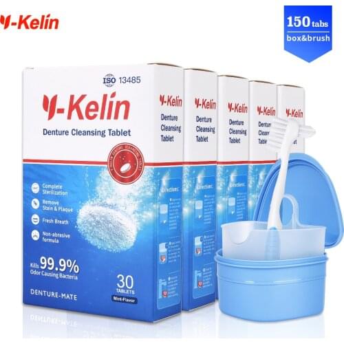 Y-Kelin Denture Cleansing Tablets 150 Tabs+Denture Box+Denture Brush Tooth FalseSoaking And Cleaning Prosthesis Whitening Kits