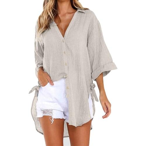 Womens Blouse Loose Button Long Shirt V-neck Cotton Ladies Casual Tops Female Clothes Fashion Elegant Blouses Blusas Mujer