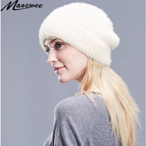 Women Hat Wide Soft Warm Rabbit Fur Spring Autumn Casual Beanie Knitted Cap Solid Unisex Color Black Crochet Skullies Pure Color