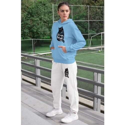 Angemiel Wear İnterrogate The Cat Women 'S Tracksuit Set Blue Hooded Sweatshirt White Sweatpants