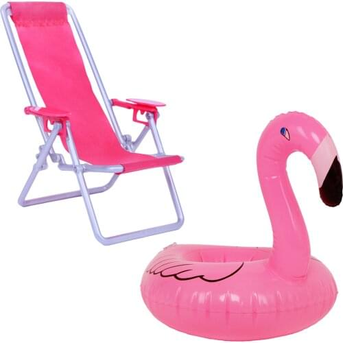 2 Pcs/Set Pink Beach Chair + Cute Swim Lifebuoy Doll Swimming Pool Furniture for Barbie Doll Accessories Kids Dollhouse Play