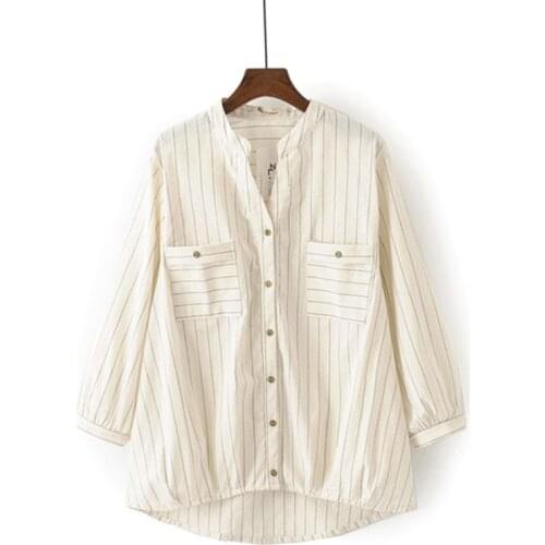 2019 Large Size Fashion Womens Summer New Stripe Shirt Increase Cotton Puff Short Sleeve Long Section Ladies Casual Blouses