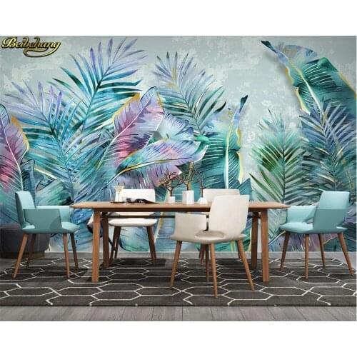 Beibehang Custom 3d wallpaper hand painted Nordic tropical light luxury plant leaves modern minimalist TV sofa background wall