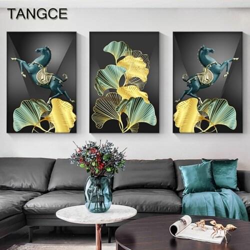 Abstract Golden Green Plant Leaf Canvas Painting Nordic Animal Horse Landscape Posters Print Fashion Wall Art Picture Home Decor