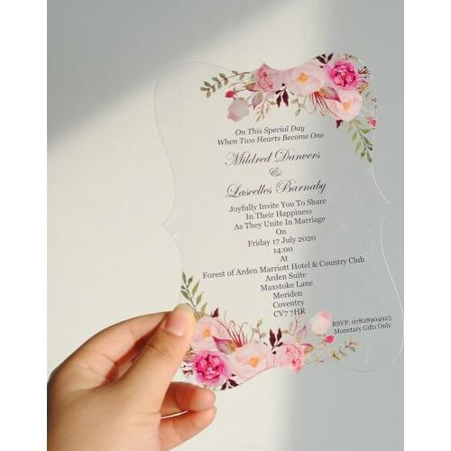 Hot sale clear flower acrylic card,photo customized rectangle acrylic card
