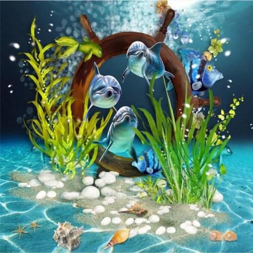 Beibehang Creative shell dolphin painting 3D floor to paste custom large fresco pvc thick wear-resistant green floor paste