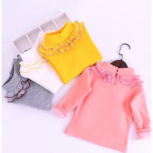 Kids Baby Girls Long Sleeve Winter Warm T-shirt Outfit 1-9 Year Children Clothing Casual Ruffles Solid Tops Tee Inner Velvet