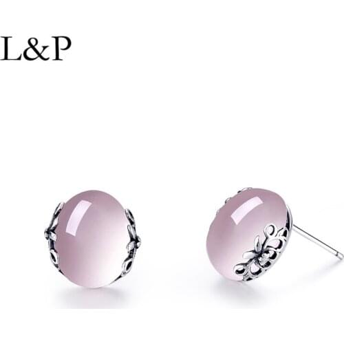 L&P Elegant Rose Quartz Stud Earrings For Lady Authentic 925 Sterling Silver Gemstone Earrings For Anniversary Wedding Gift