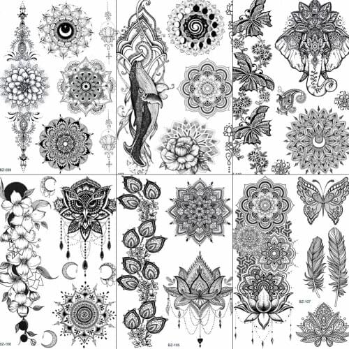 FANRUI Black Henna Whale Ganesha Elephant Temporary Tattoo Sticker Mehndi Rattan Small Lace Fake Tatoo Body Art Arm Tattoo DIY