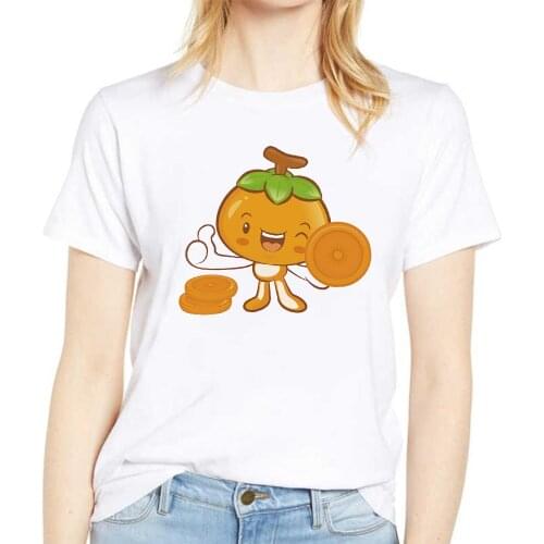 Womens Cute Orange Pattern Printing Female Streetwear Clothes Summer Short Sleeve Ladies Basic Simple Tees Casual White Tshirts