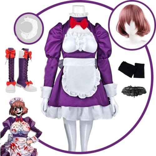 Anime High Rise Invasion Maid-fuku Kamen Cosplay Costume Maid Outfit Brown Short Wig Purple Dresses Shoes Boots for Girsl Women