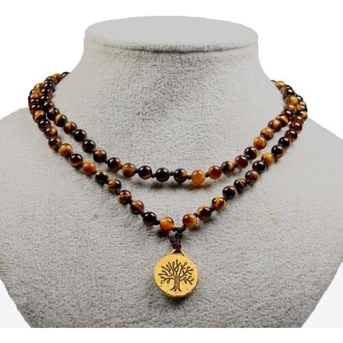 Prayer Reiki Healing 108 Mala Knotted Necklace Natural Tiger Eye Stone Tree Meditation Spiritual Energy Yoga Buddha Necklaces