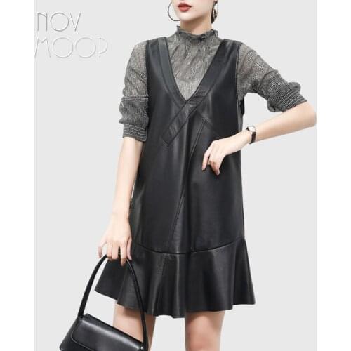 Novmoop genuine leather sheepskin women tank dress ruffled hem french sweet girl style LT3354