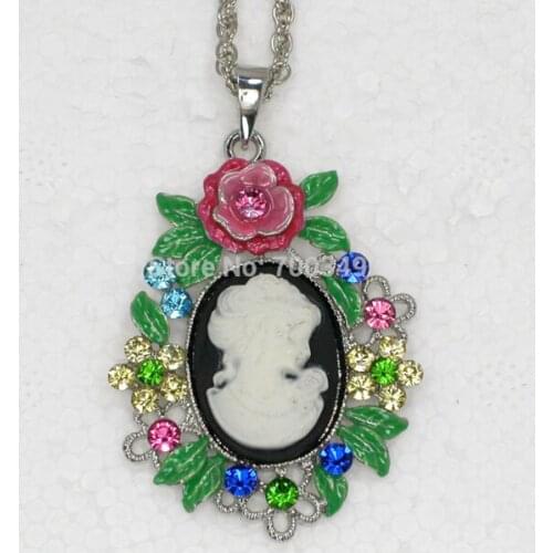 Wholesale 12piece/lot Colorful Crystal Rhinestone Enameling Cameo Flowers Pendant Necklace Jewelry gift F217 J