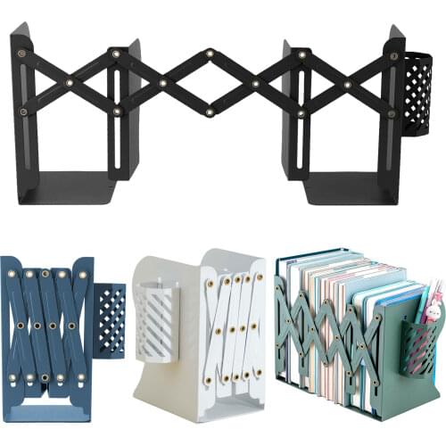 Adjustable Bookends Expandable Metal Book Stand Shelf Rack Organizer Retractable Bookshelf with Pen Holder Office Accessories