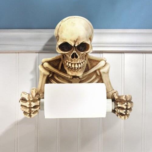 Spooky Grinning Skull Medieval Toilet Paper Holder Resin Gothic Skeleton Figurine Statue Home Scary Halloween Decor Sculptures