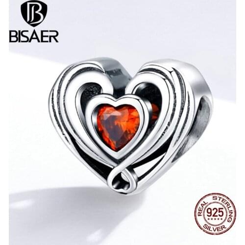 Interlocked Heart Charms BISAER 925 Sterling Silver Dazzling Cubic Zircon Pave Love Heart Beads for Jewelry Making ECC1472