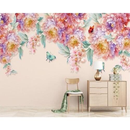 Custom 3D hand-painted abstract pink flowers butterfly European style living room bedroom wallpaper TV background 3d wallpaper