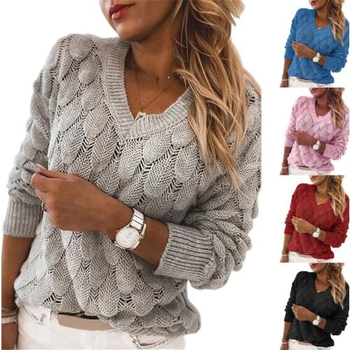 2020 Fashion Trend Women Knitted Sweater Autumn Winter Hollow Out Feather Pattern Long Sleeve V-neck Pullover Casual Tops