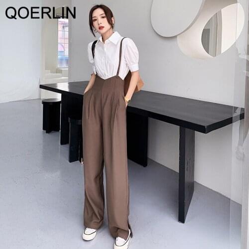 QOERLIN Split Wide Leg Overalls Women High Waist Casual Brown Jumpsuit Drape Pant Spaghetti Strap Long Trouser Plus Size Rompers