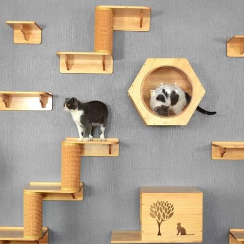 Cat climbing frame wall-mounted solid wood cat litter tree cat wall-type jumping platform grab post plate cat toys interactive