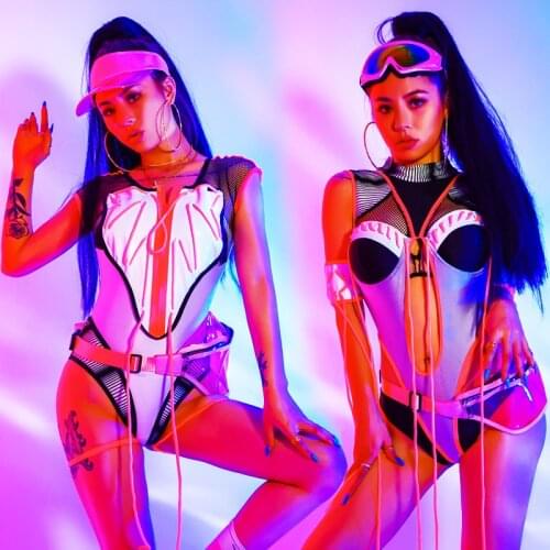 Sexy Women Dj Costume Nightclub Gogo Dance Rave Clothing Lycra Mesh Ribbon Bodysuit Hip-Hop Sports Suit Ds Stage Costume BL5111