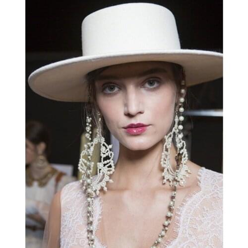 Brand New Flat Top Hat , Imitation Pearls Necklace Womens Felt Wide 7cm Brim Fedora Hat, Laday Australia Wool Prok Pie Hard Hat