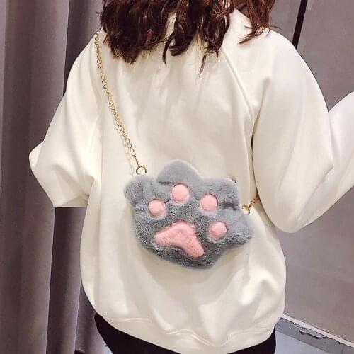 Cute Bear Paw Girls Chain Zipper Shoulder Bag Lovely Childrens Soft Plush Coin Purse Small Messenger Bags