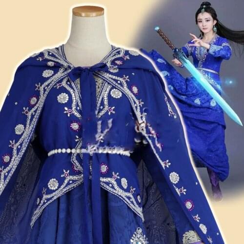 SwordLady Costume + Cloak 2015 New TV Play Shu Shan Zhan Ji Actress Zhao LiYin Blue Embroidery Same Design Costume for Women